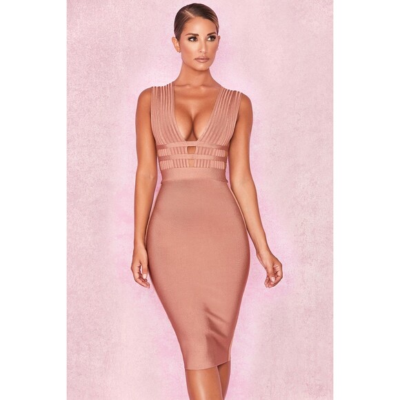 HOUSE OF CB Dresses & Skirts - House Of CB Mara Deep Plunge Bandage Midi Dress Blush Size M Bodycon Glam